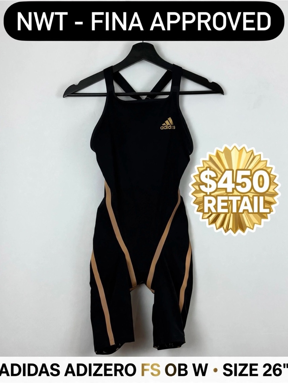 NWT Adidas Adizero FS OB W Tech Suit 26" Black Gold EK1326 FINA Approved $450